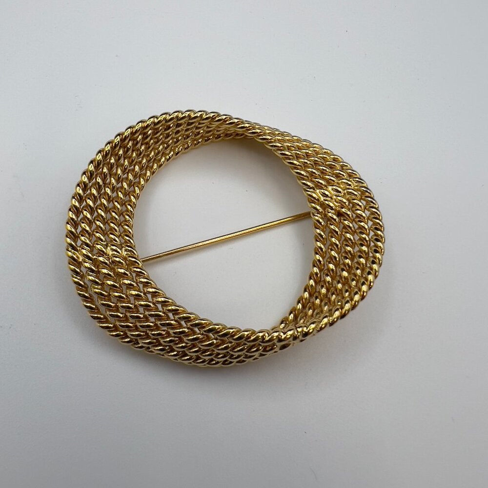 Vintage  Monet Brooch Gold Tone Woven Braided Ring Abstract Circle